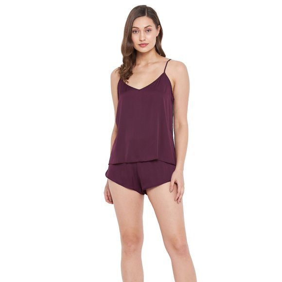 Solid Brunette Brown 2 Pcs Satin Shorts Sleepwear for Women - Picture 5 of 7